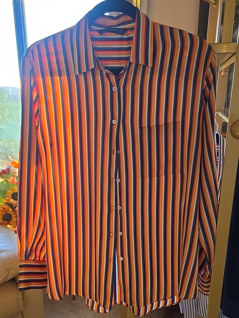 Striped Long-Sleeve Blouse in Orange, Navy & White